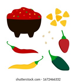 Set, Collection Of Cartoon Vector Icons, Illustration With Salsa Sauce Bowl, Fresh Chili Peppers And Tortilla Chips.
