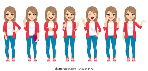 Set Collection of casual fashion style teenager girl in different poses, face expressions and gestures