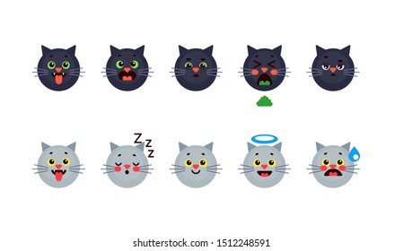 set collection cat kitty emotion happy smile sad sleep cute isilated on white