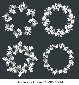 Set collection. Chamomile and forget me-not-pattern on black background. Daisy chain. Round frames for your text or photo. Vector illustration.