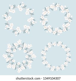 Set collection. Chamomile and forget me-not-pattern on blue background. Daisy chain. Round frames for your text or photo. Vector illustration.