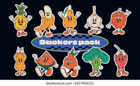 Set of a collection of characters with faces and poses in groovy style.Sticker pack. Icons Vector illustration. Y2K design of vegetables and fruits. Arms, hands,legs. Hippie and 70s style elements.