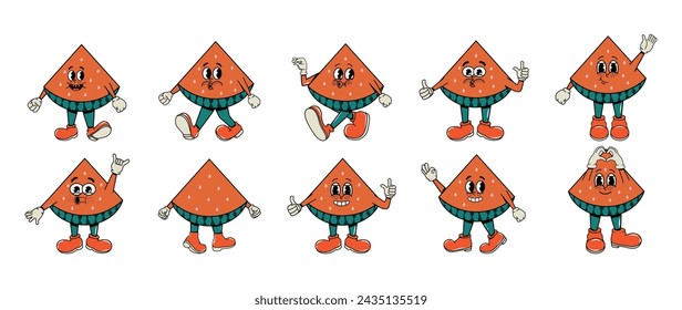 Set and collection of characters in groove style. Watermelon walks, smile with arm and legs. Y2k elements. Fruits and berry. Funky funny cute stickers. 90-2000s. Juicy summer vector illustration. Face