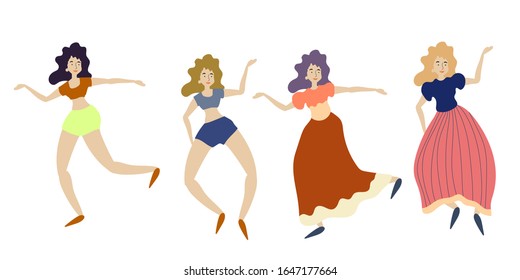 Set collection of cheerful dancing women. vector. flat illustration of young girl dance with smile face
