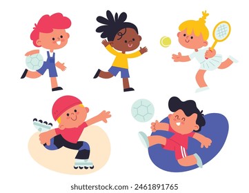 Set, collection. Children kids do different activity, sport in different poses. Kids immersed in diverse activities, creative pastimes. Poster, entertainment, pastime, good mood. Girl plays tennis