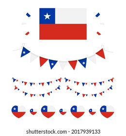 Set, collection of Chile flags and decorations for national and public holidays, Independence Day.