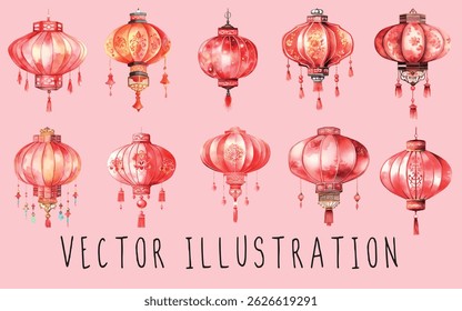 Set collection of chines lamp lantern watercolor vector illustration