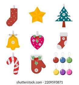 Set collection Christmas decoration elements tree, star, ball, sock, glove, candy, and bell. Vector illustration flat symbols cartoon design.