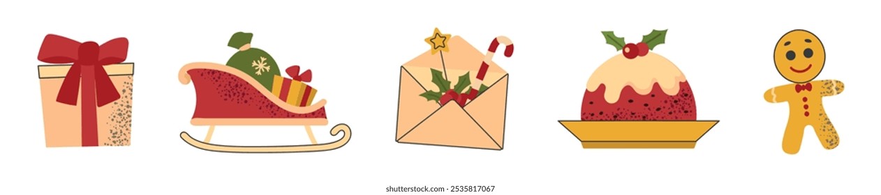 Set collection of Christmas New Year elements icons cliparts gift Santa sleigh gingerbread man envelope pudding