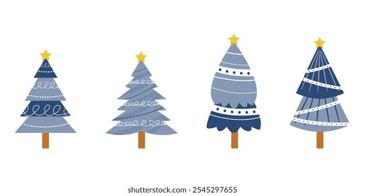 Set Collection Christmas trees on white background. Colorful blue christmas trees vector illustration in flat cartoon style.