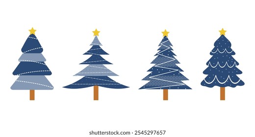 Set Collection Christmas trees on white background. Colorful blue christmas trees vector illustration in flat cartoon style.