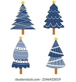 Set Collection Christmas trees on white background. Colorful blue christmas trees vector illustration in flat cartoon style.