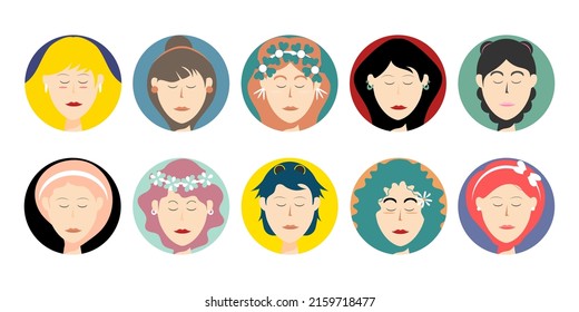 Set collection circle of avatar women facial with hairstyle, Cartoon vector marketing illustration online.