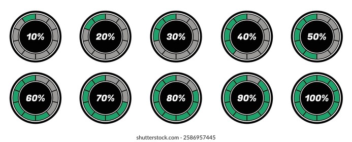 Set collection of circular progress indicators, each displaying a different percentage from 10% to 100%. Suitable for website, game, ui,ux, etc