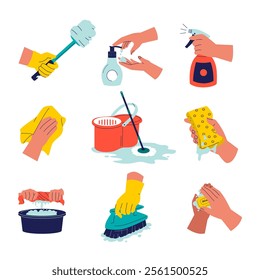 Set collection of cleaning products in hand. Illustrations for websites, landing pages, mobile apps, posters and banners. Trendy flat vector illustrations