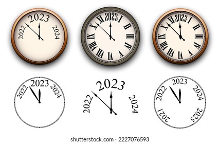 Set, collection of Clocks showing 2023 on white background..