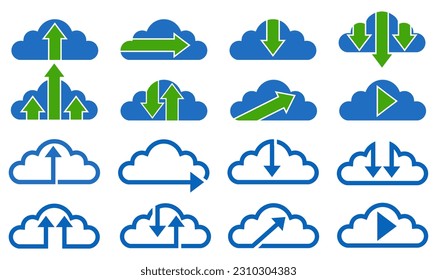Establecer la plantilla de icono de descarga y carga de archivos en la nube de la colección. Ilustración del vector de interfaz de usuario del sitio web