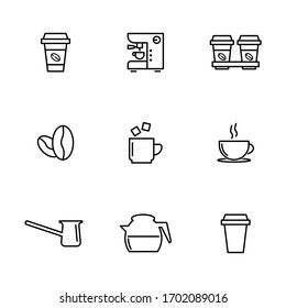 Set, collection of coffee related, coffee lovers, time for coffee icons, outline and thin line icons on white background, such as: coffee mug, pot EPS Vector