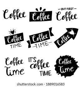 Set, collection of coffee related typographies, typography decoration, decor, for movitation, t-shirts, greetings and any type of cards, hand drawn, handmade EPS Vector