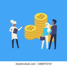 Set collection of coin bitcoin, analytics, consultation, people, woman, man with many details and background. Vector illusyration.
