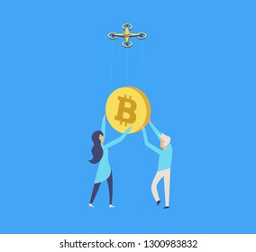 Set collection of coin bitcoin, graphic,  analytics, consultation, people, man,  woman, dron with many details and background. Vector illusyration.