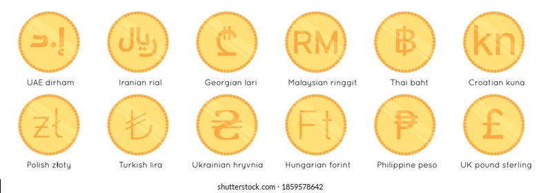 Set collection of coin icon with symbol of world countries money currency text name dirham, rial, lari, ringgit, baht, kuna, zloty, lira, hryvnia, forint, peso, pound sterling. Vector illustration.