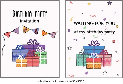 set collection of colored bright flat vector post cards with gifts boxes packaging for posters wrapping paper birthday party invitation new year  stock illustrations