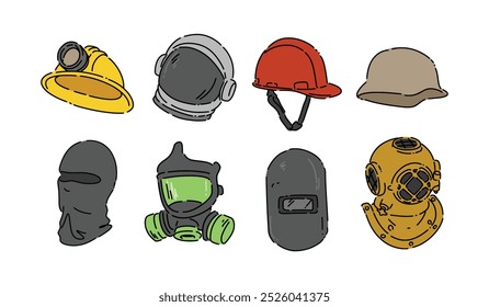 Definir coleção colorido desenho de linha de capacete e máscara. Mineiro, astronauta, segurança, exército, balaclava, máscara de gás, soldagem e capacete de mergulho velho. Ilustração vetorial.