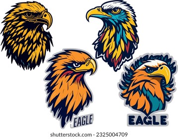 set, collection of colored and multicolored logos and stickers with the image of an eagle, a large vigilant bird of prey