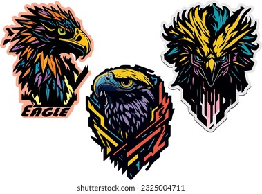 set, collection of colored and multicolored logos and stickers with the image of an eagle, a large vigilant bird of prey