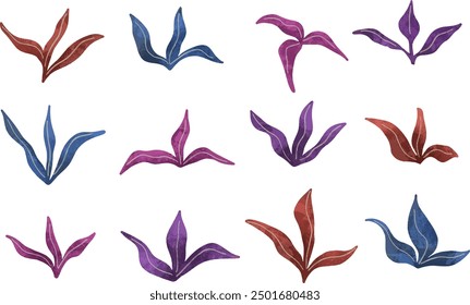 set collection of colorful autumn grass, bush, and algae, vector illustration on white