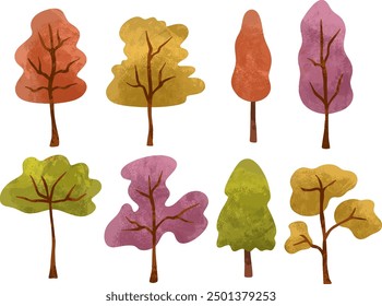 Conjunto de colección de coloridos árboles de otoño y rama, Ilustración vectorial sobre blanco