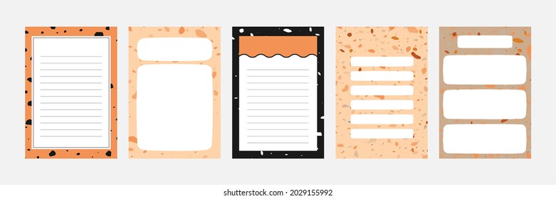 Set collection of colorful blank memo note letter file document diary book template layout with abstract terrazzo seamless pattern. Modern minimalistic trendy abstract background vector illustration.