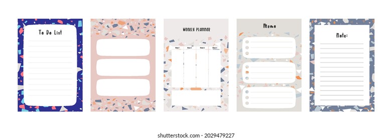 Set collection of colorful blank memo note letter file document diary book template layout with abstract terrazzo seamless pattern. Modern minimalistic trendy abstract background vector illustration.