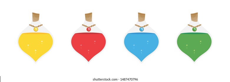 Set, collection of colorful bottles or flasks with potion for magic, witchcraft of halloween design.