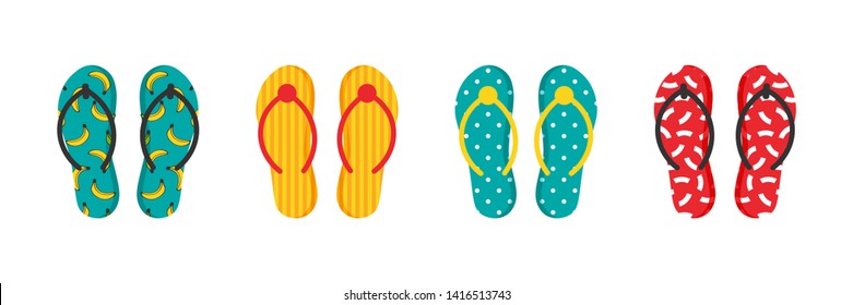 Set, collection of colorful cartoon flip flops with ornaments, patterns for summer design.