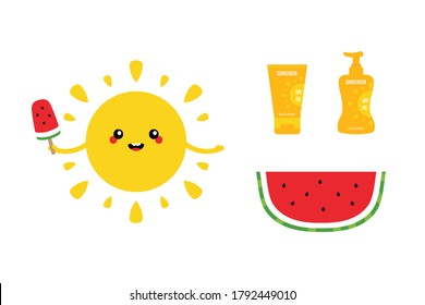 Set, collection of colorful cartoon icons for summer design. Cute smiling sun character with watermelon popsicle, slice of watermelon and bottles of sunscreen cream.
