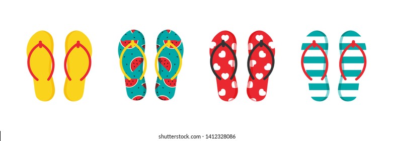 Set, collection of colorful cartoon style flip flops with ornaments, patterns for summer design.