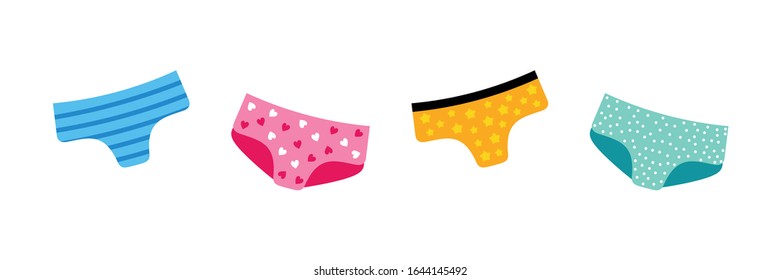 Set, collection of colorful cartoon style panties, underwear. Vector icons.