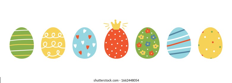 Set, collection of colorful cartoon style easter eggs with different ornaments, decorated for Easter design.
