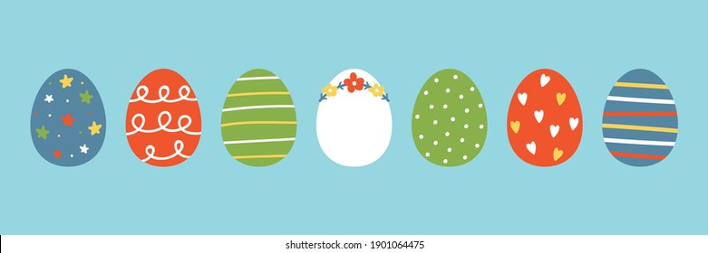 Set, collection of colorful cartoon style decorated easter eggs for Easter design.
