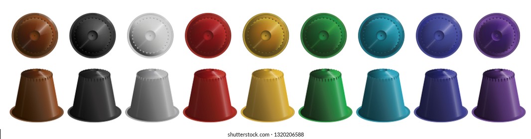 set, a collection of colorful coffee capsules on a white background. Brown, black, white, red, yellow, green, blue, purple coffee capsules. Vector illustration