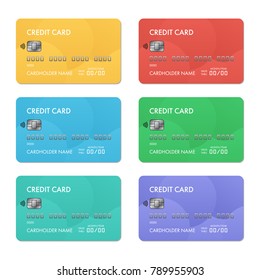 Set, collection of colorful credit card templates isolated on white background.