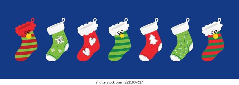 Set, collection of colorful decorated christmas socks, christmas stocking, sock-shaped bags for winter holidays design.
