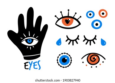 Set, collection of colorful and decorative eyes icons, evil eyes symbols. Intuition and spirituality concept.
