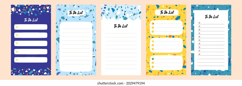 Set collection of colorful to do check list blank daily weekly planner. Suitable for social media story stories web banner template layout with abstract terrazzo pattern mosaic flat design vector