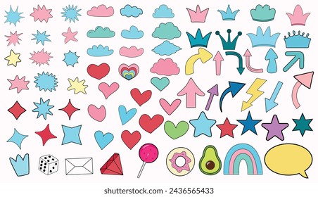 set Collection of colorful doodles bright stickers vector fruits, food,stars,arrows, branches, arrows,isolated,stock illustration