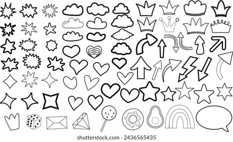 set Collection of colorful doodles bright stickers vector fruits, food,stars,arrows, branches, arrows,isolated,stock illustration