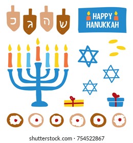 Set, collection of colorful doodles, hand drawn vector elements for Hanukkah holiday.

