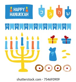 Set, collection of colorful doodles, hand drawn vector design elements for Hanukkah holiday.
